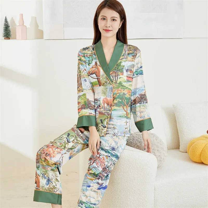 Spring Summer Women's Imitation Silk Luxury Pajamas Satin Long Sleeve Comfortable Cardigan Fashion Printed Home Clothes