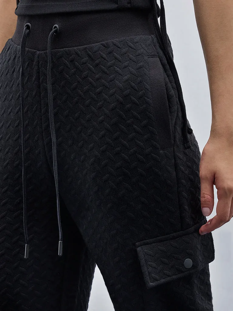 Studiofit Black Textured High-Rise Track Pants