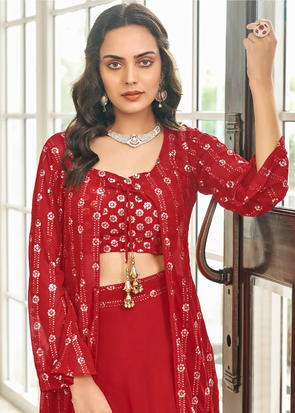 Tempting Red 3 Piece Sequins Embroidered Palazzo Suit