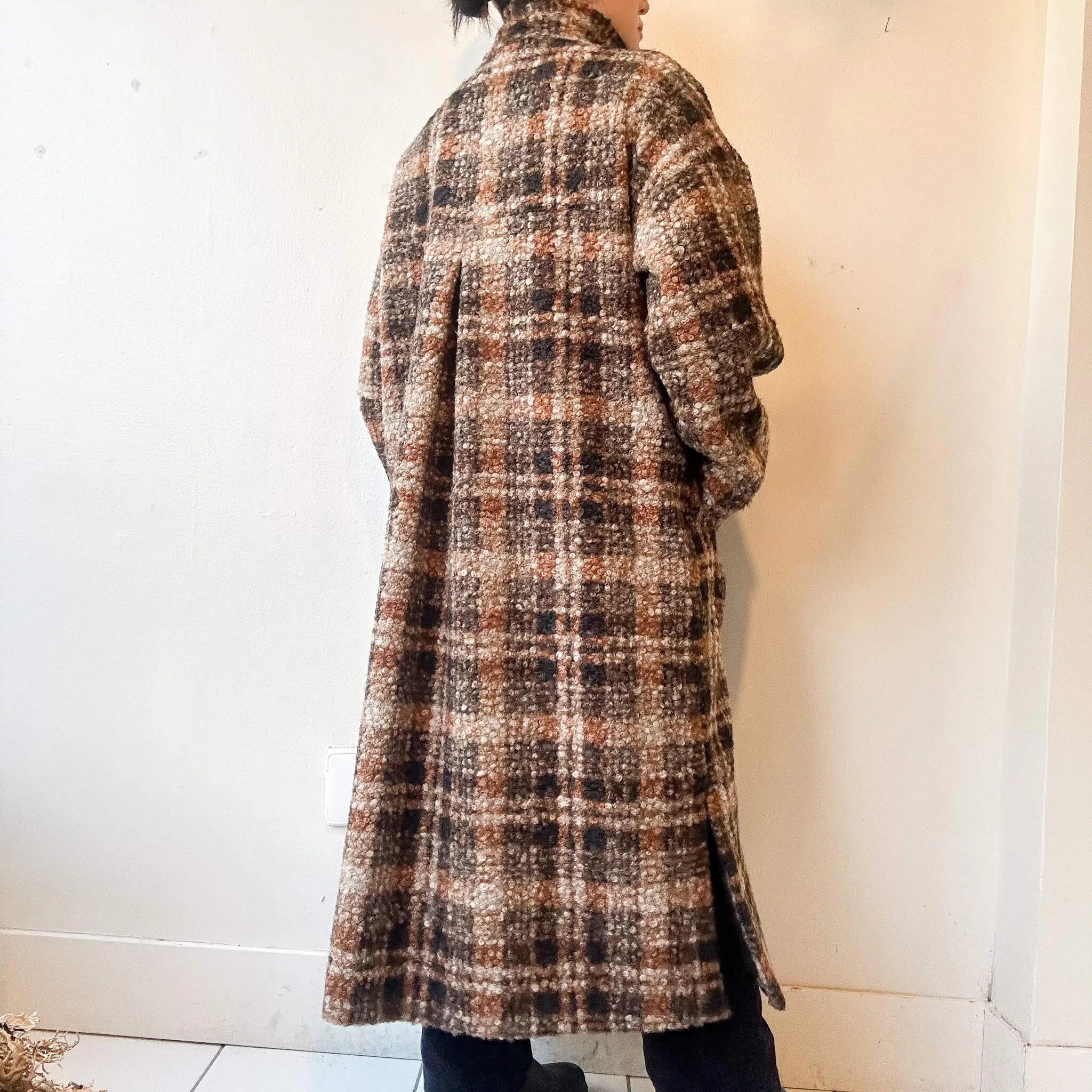 terrace | Faux Wool Stand Collar Plaid Long Coat