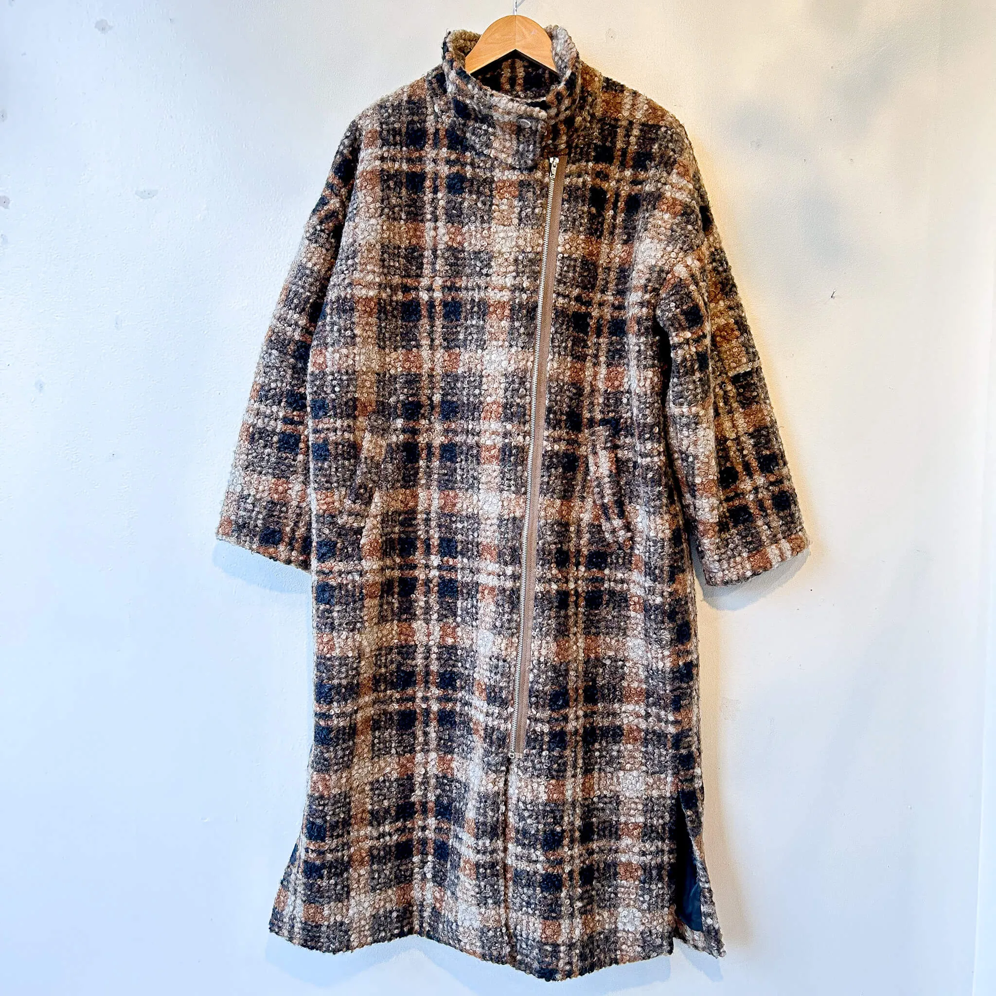 terrace | Faux Wool Stand Collar Plaid Long Coat