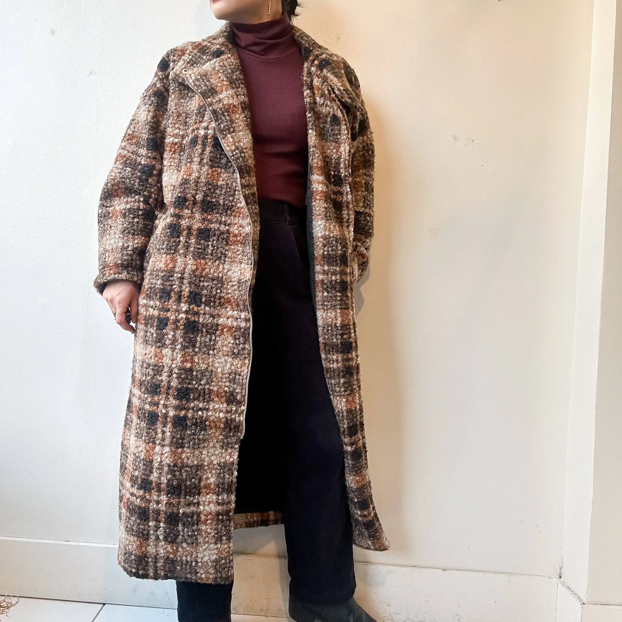 terrace | Faux Wool Stand Collar Plaid Long Coat