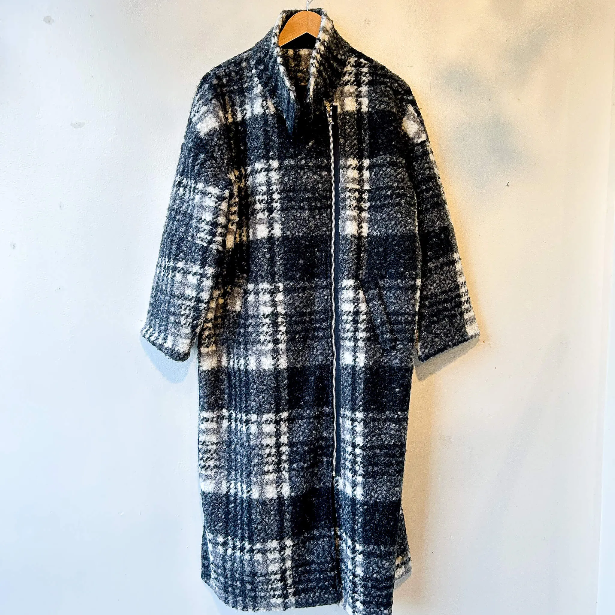 terrace | Faux Wool Stand Collar Plaid Long Coat