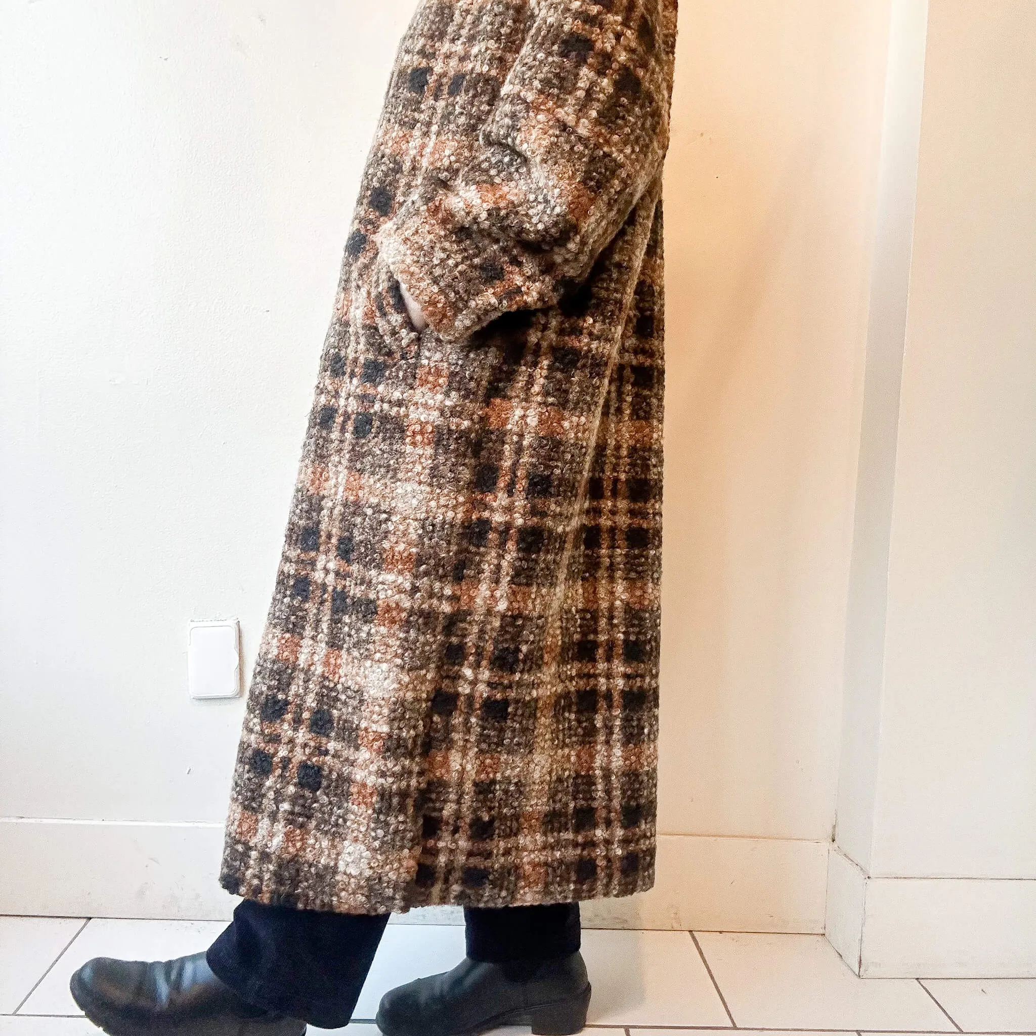 terrace | Faux Wool Stand Collar Plaid Long Coat