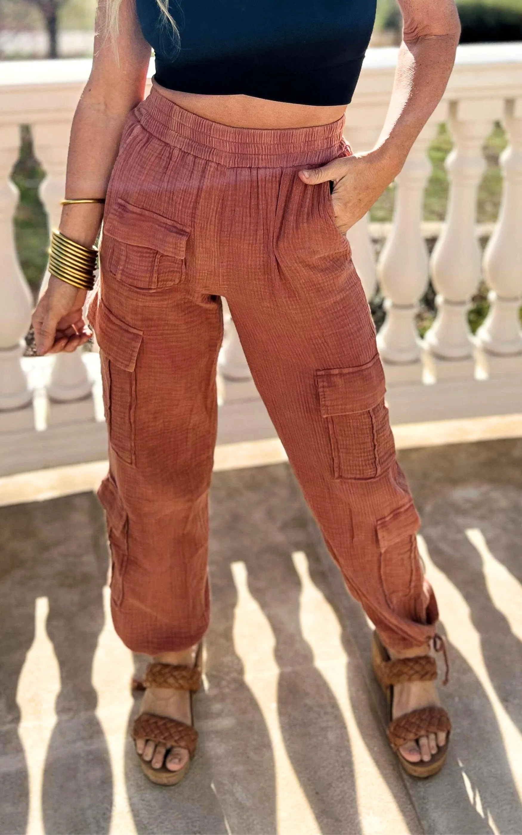 Terracotta Cinched Mineral Wash Cargo Joggers