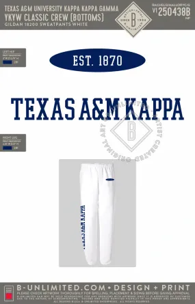 Texas A&M University Kappa Kappa Gamma - YKYW Classic Crew (Navy Ink Sweatpants) - Gildan - 18200 - Sweatpants - White