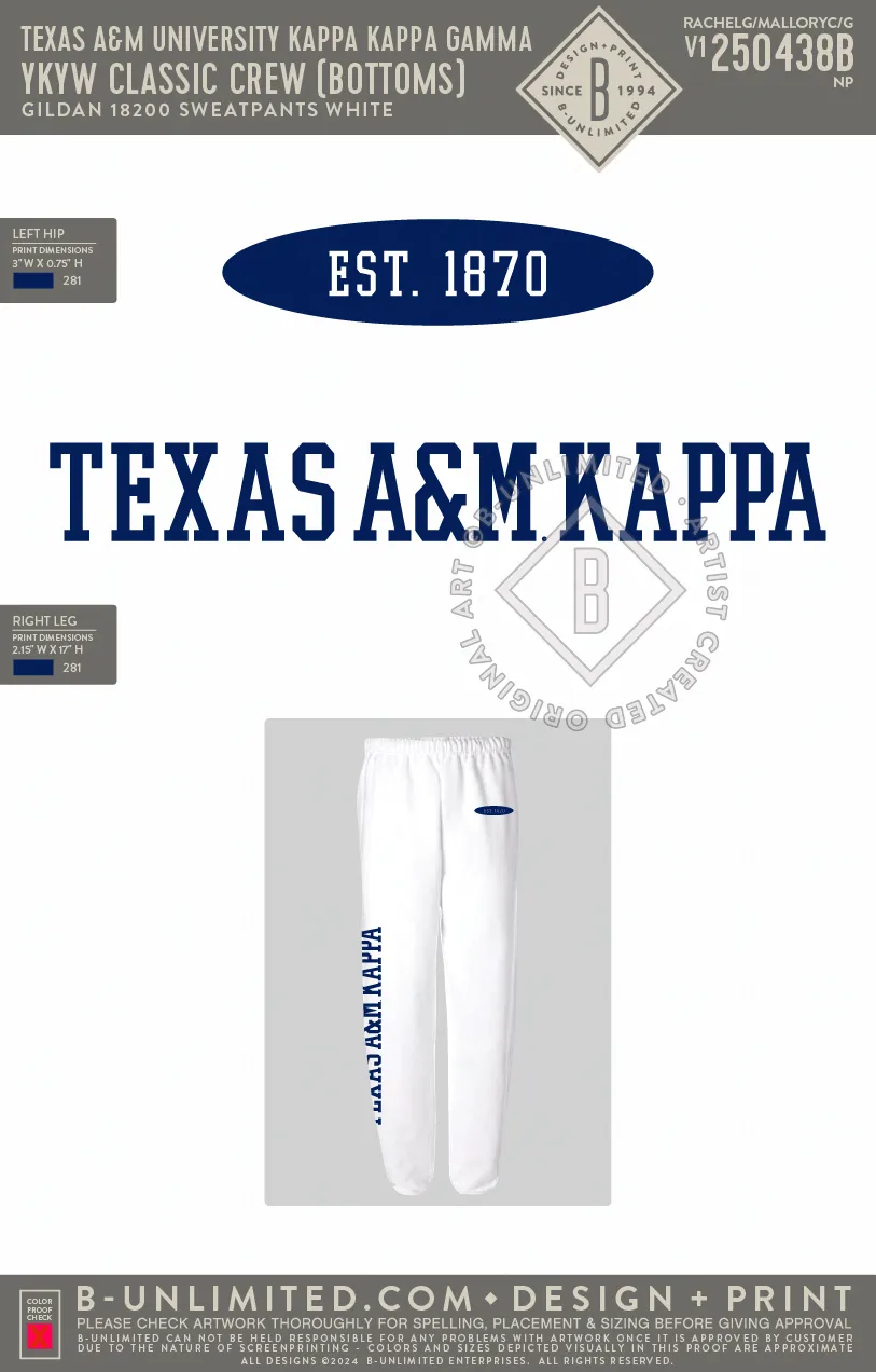 Texas A&M University Kappa Kappa Gamma - YKYW Classic Crew (Navy Ink Sweatpants) - Gildan - 18200 - Sweatpants - White