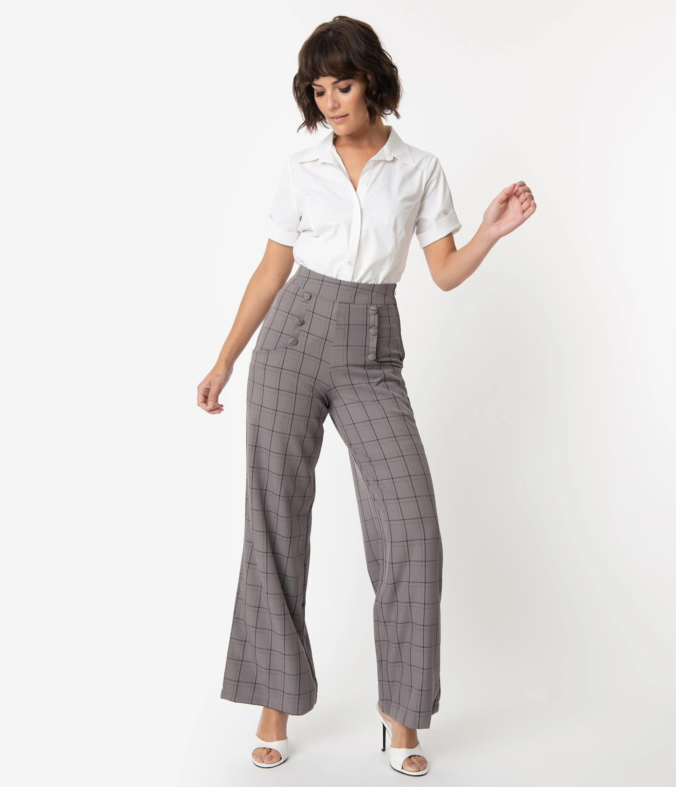 Unique Vintage 1940s Style Grey Windowpane High Waist Ginger Pants