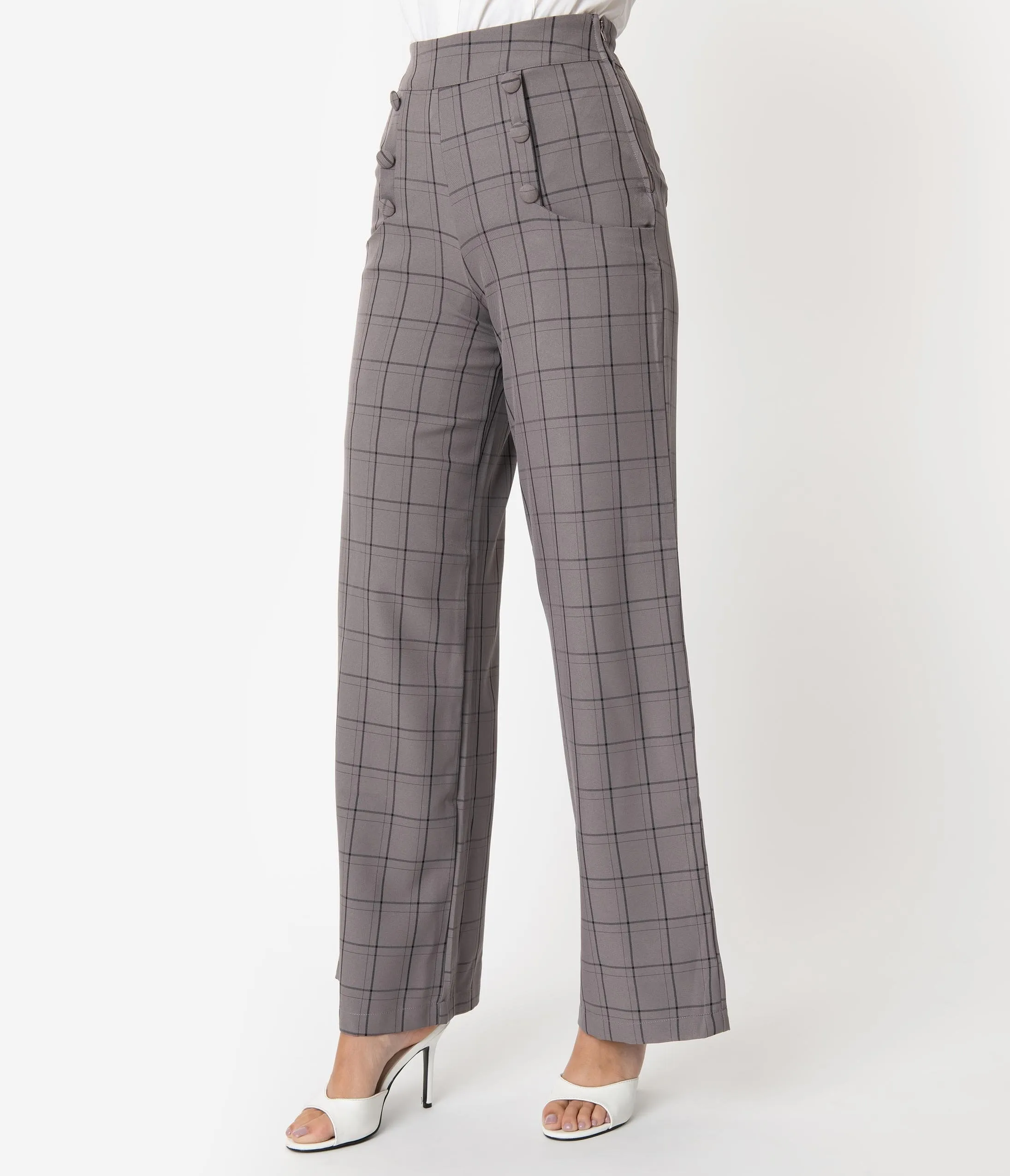 Unique Vintage 1940s Style Grey Windowpane High Waist Ginger Pants