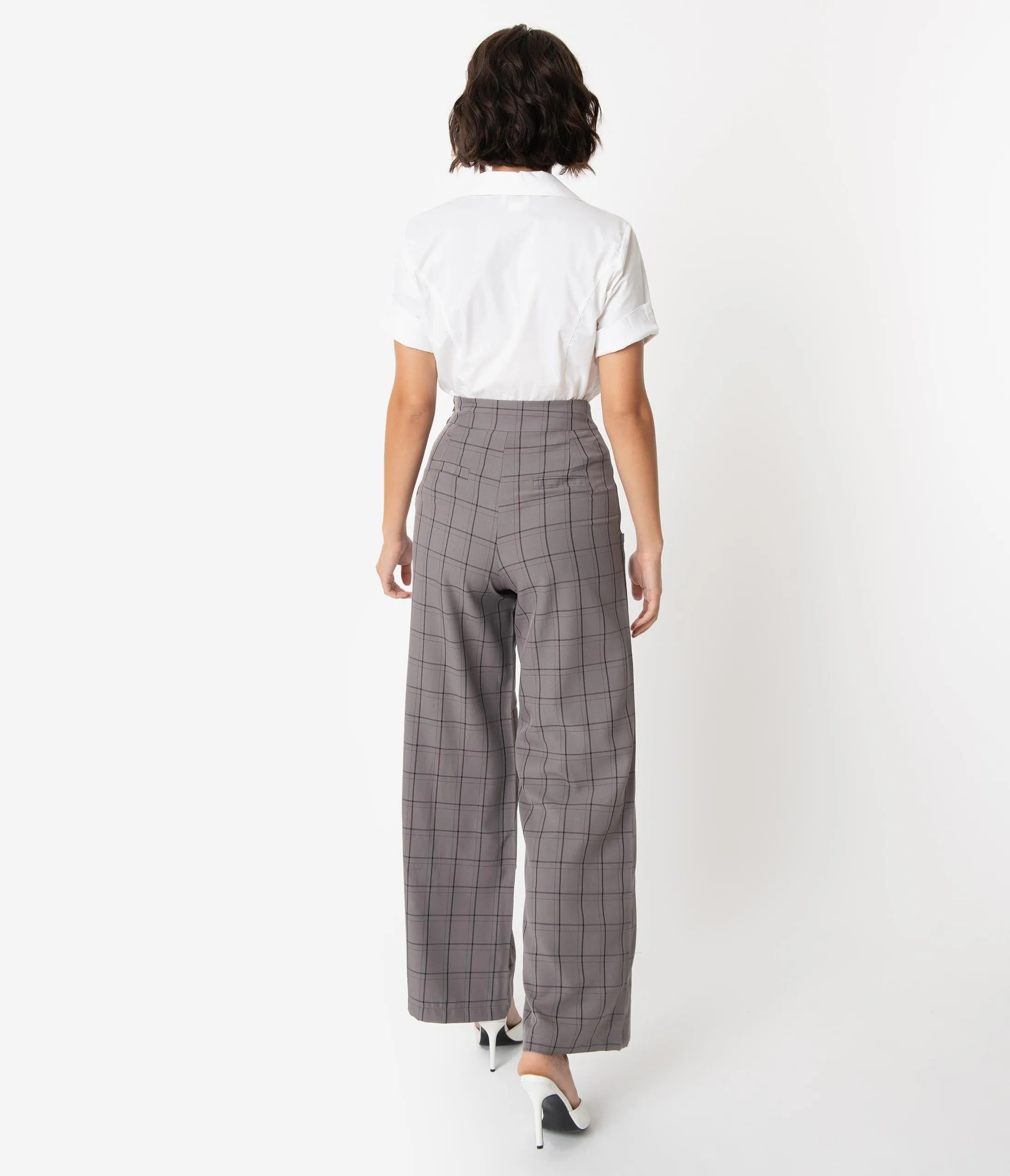 Unique Vintage 1940s Style Grey Windowpane High Waist Ginger Pants