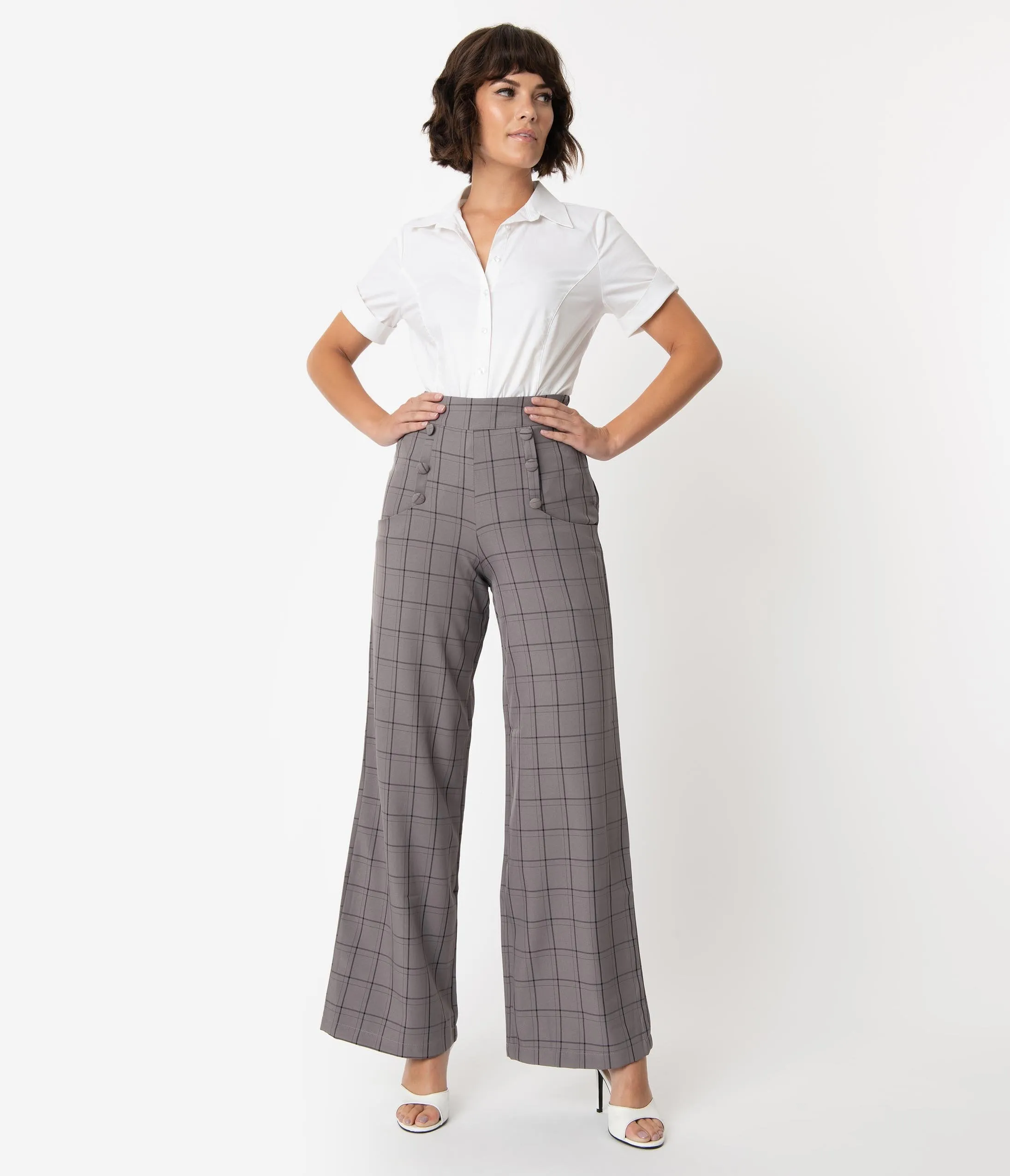 Unique Vintage 1940s Style Grey Windowpane High Waist Ginger Pants