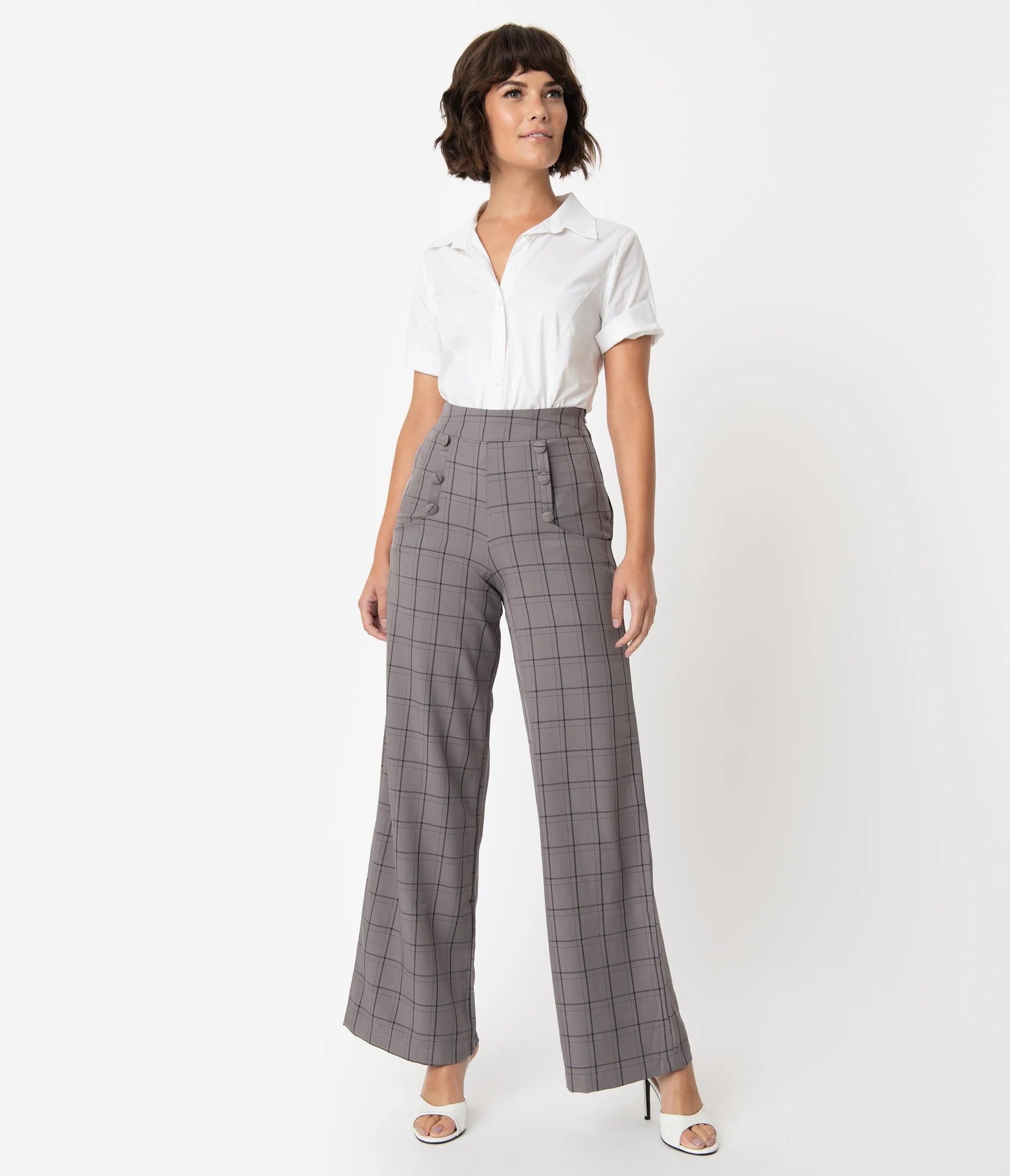 Unique Vintage 1940s Style Grey Windowpane High Waist Ginger Pants