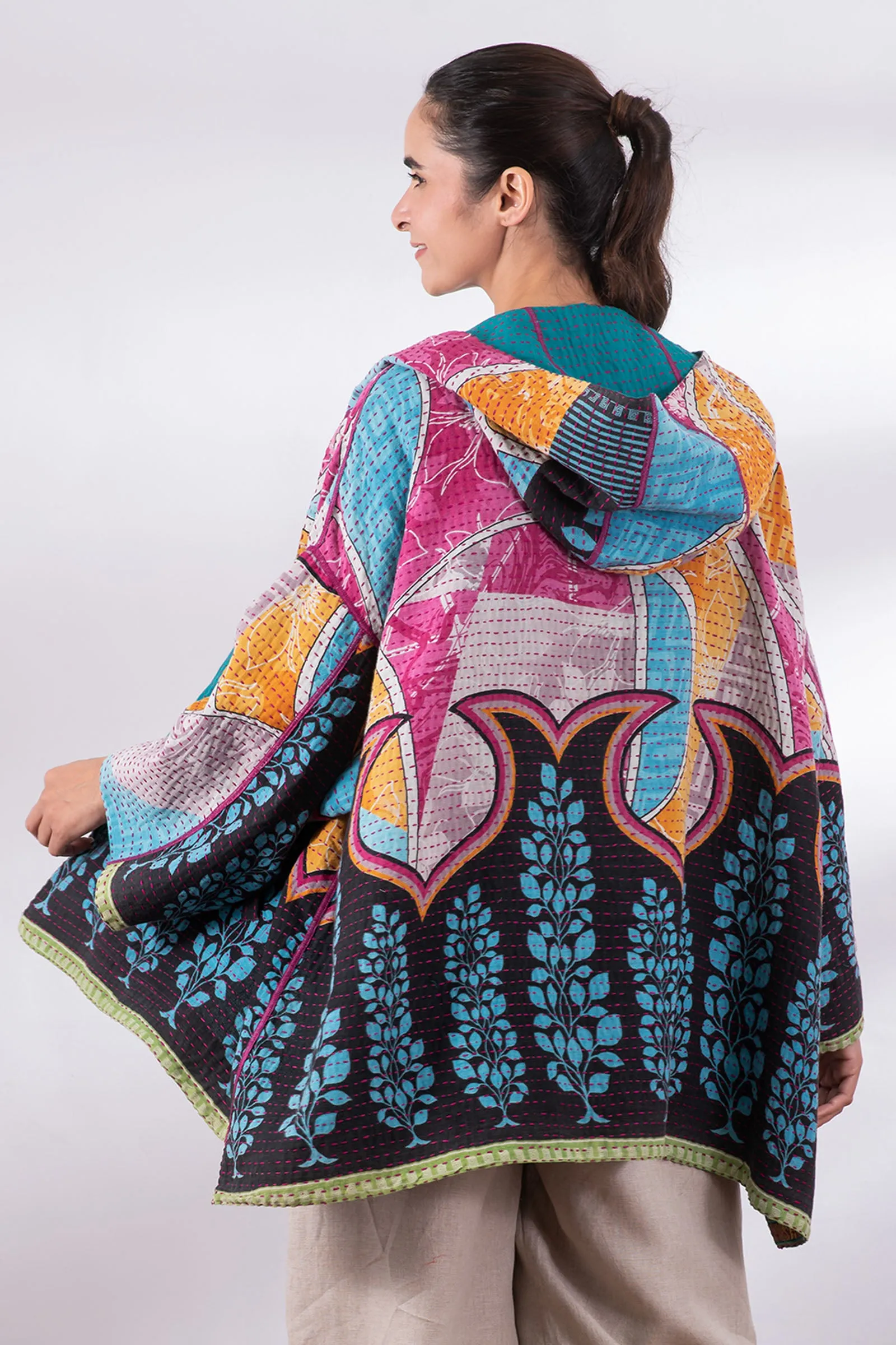 VINTAGE COTTON BBK KANTHA HOODIE PONCHO