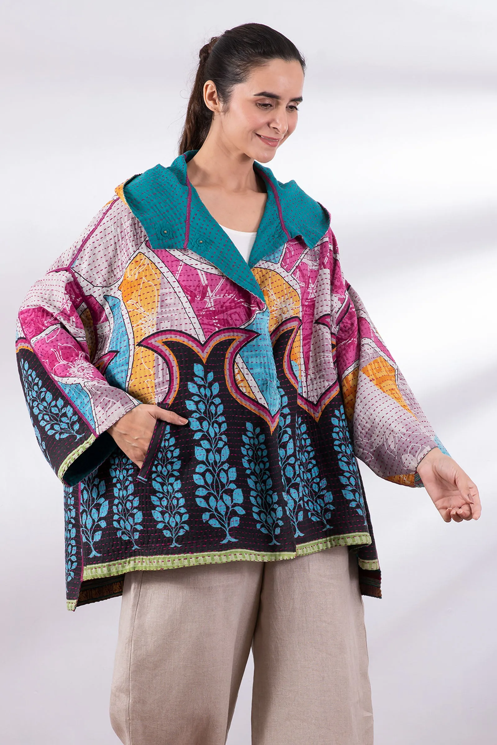 VINTAGE COTTON BBK KANTHA HOODIE PONCHO