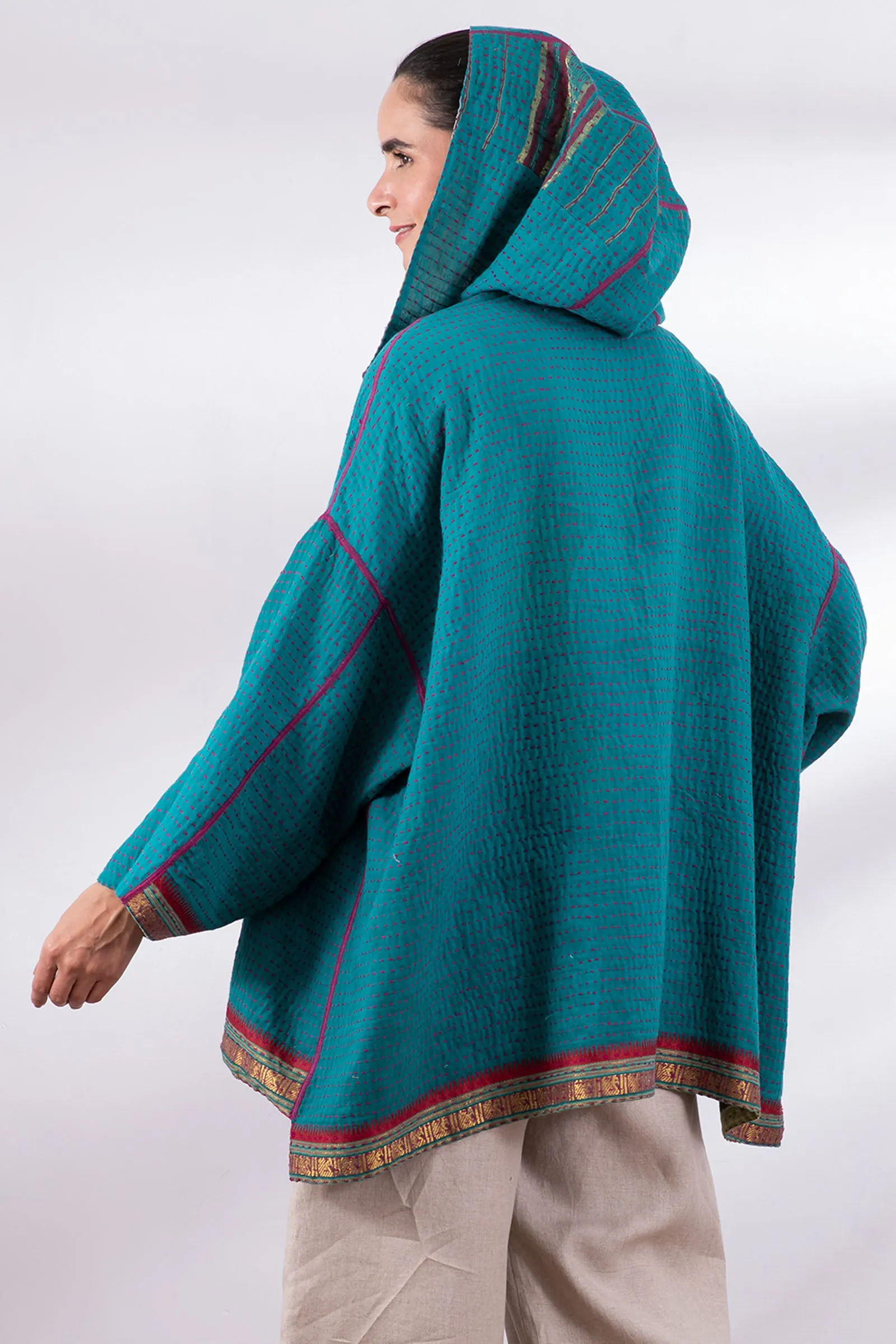 VINTAGE COTTON BBK KANTHA HOODIE PONCHO