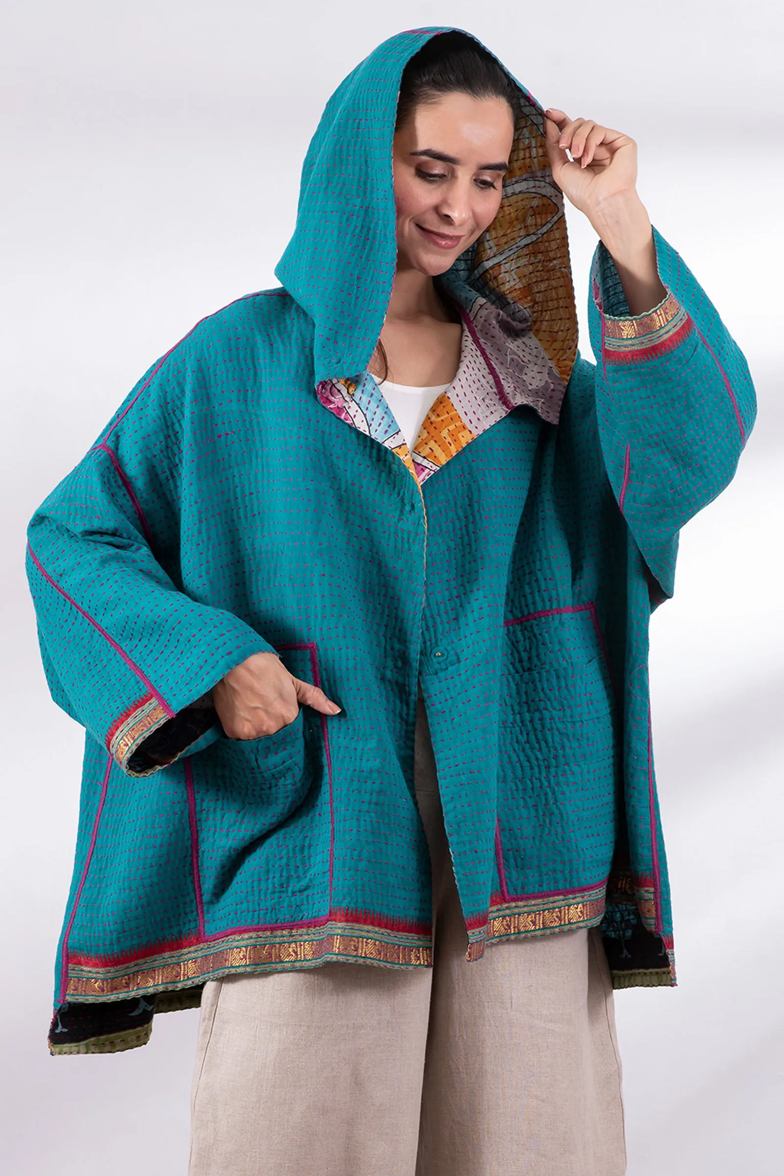 VINTAGE COTTON BBK KANTHA HOODIE PONCHO