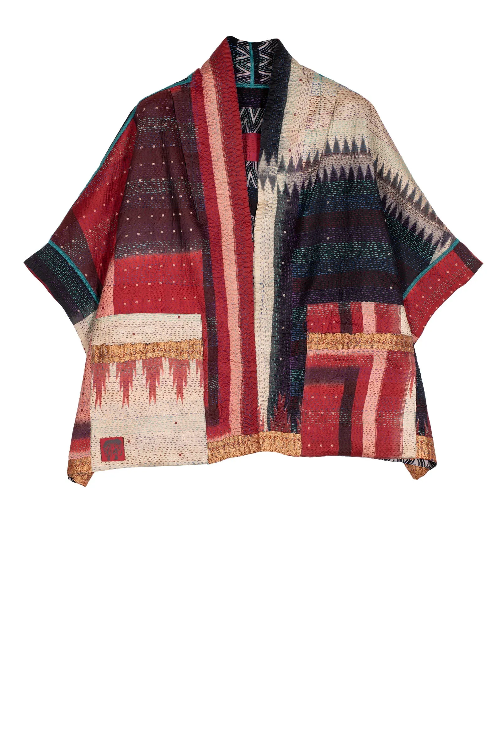 VINTAGE SILK GEORGETTE KANTHA MINI PONCHO - sg2060-0009a -