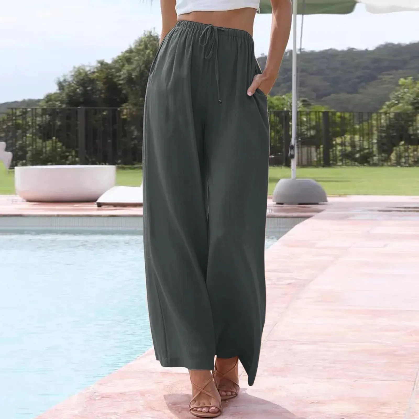 Waisted Fashionable Solid Color Drawstring Elastic Comfy Straight Long Pocket High Pants