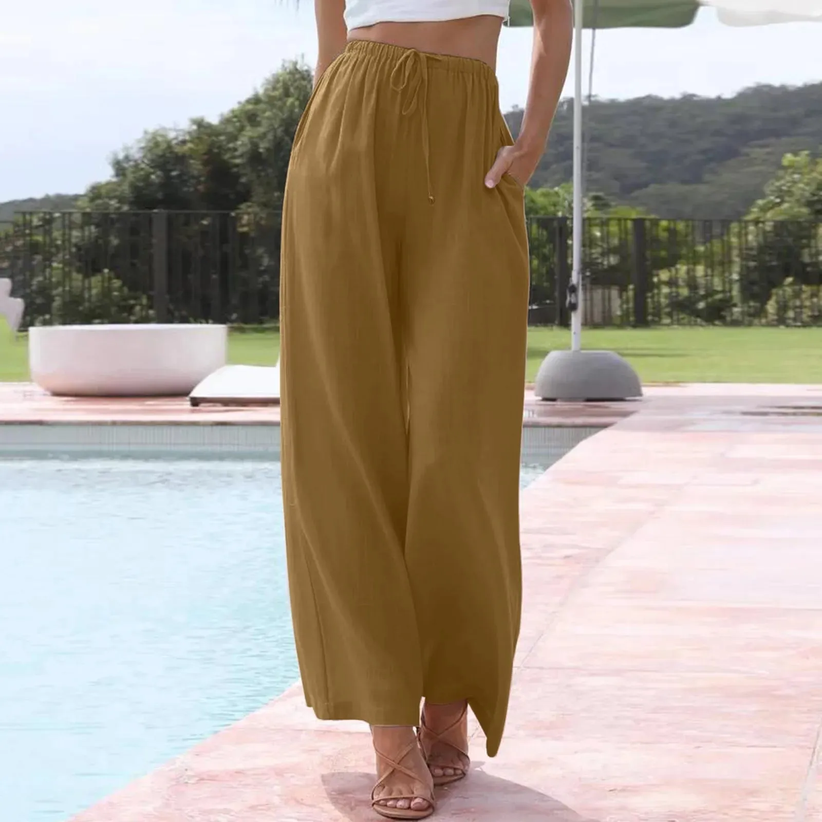 Waisted Fashionable Solid Color Drawstring Elastic Comfy Straight Long Pocket High Pants