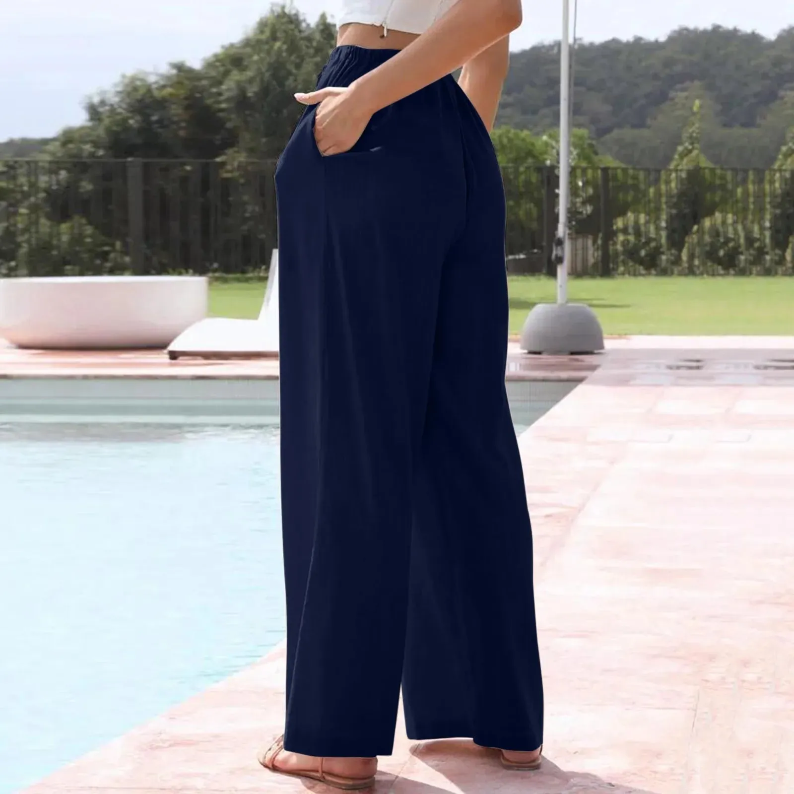 Waisted Fashionable Solid Color Drawstring Elastic Comfy Straight Long Pocket High Pants