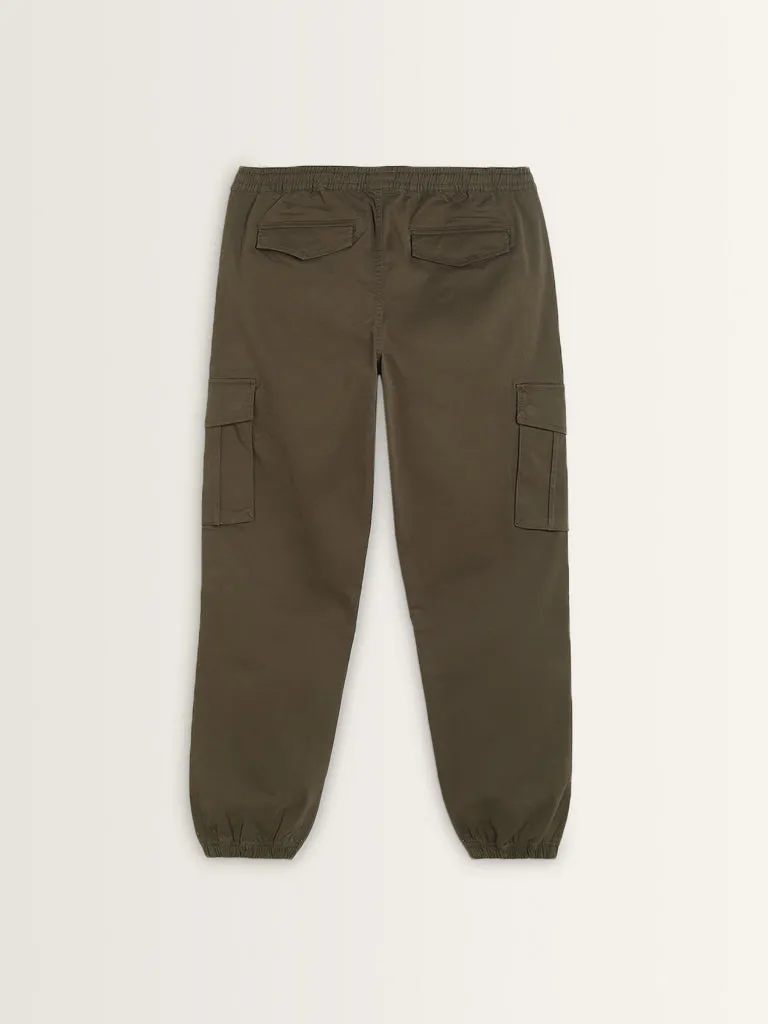 WES Casuals Olive Relaxed-Fit Mid-Rise Cotton Blend Joggers