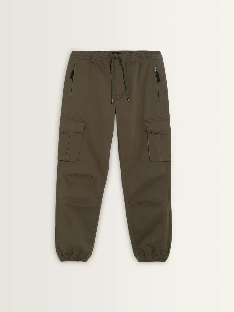 WES Casuals Olive Relaxed-Fit Mid-Rise Cotton Blend Joggers