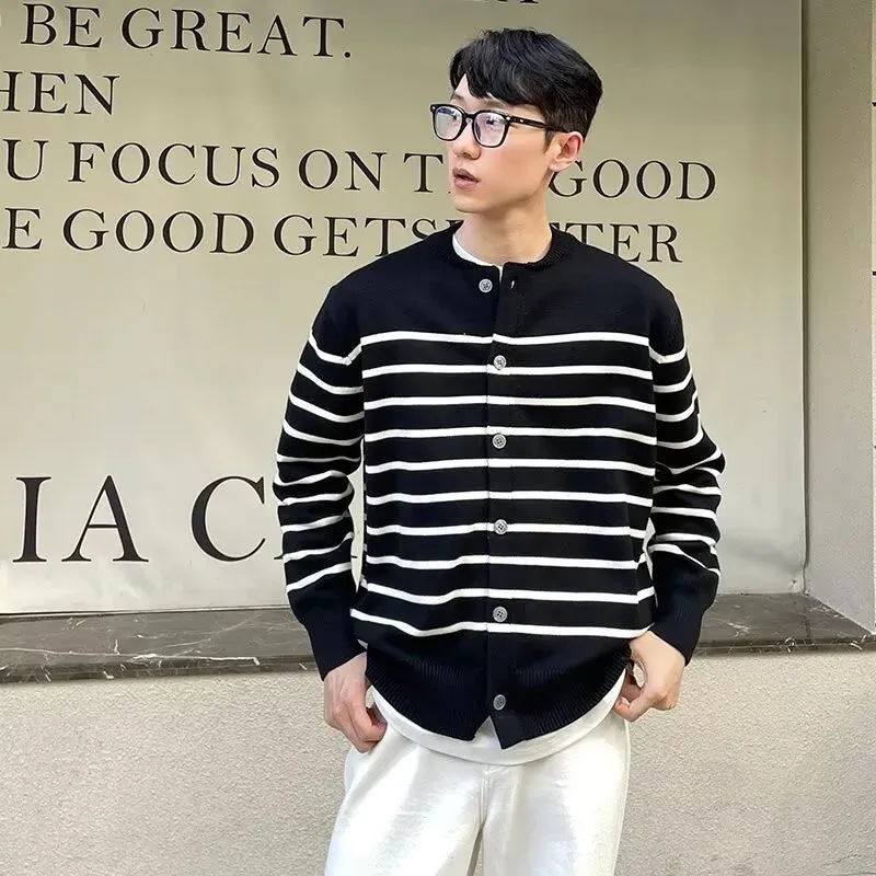 Wiaofellas  -  fall outfits men Autumn Clothing Men's Light Luxury Thin Striped Knit Cardigan Sweater Korean Vintage Popular Button-down Long Sleeve Knitwear