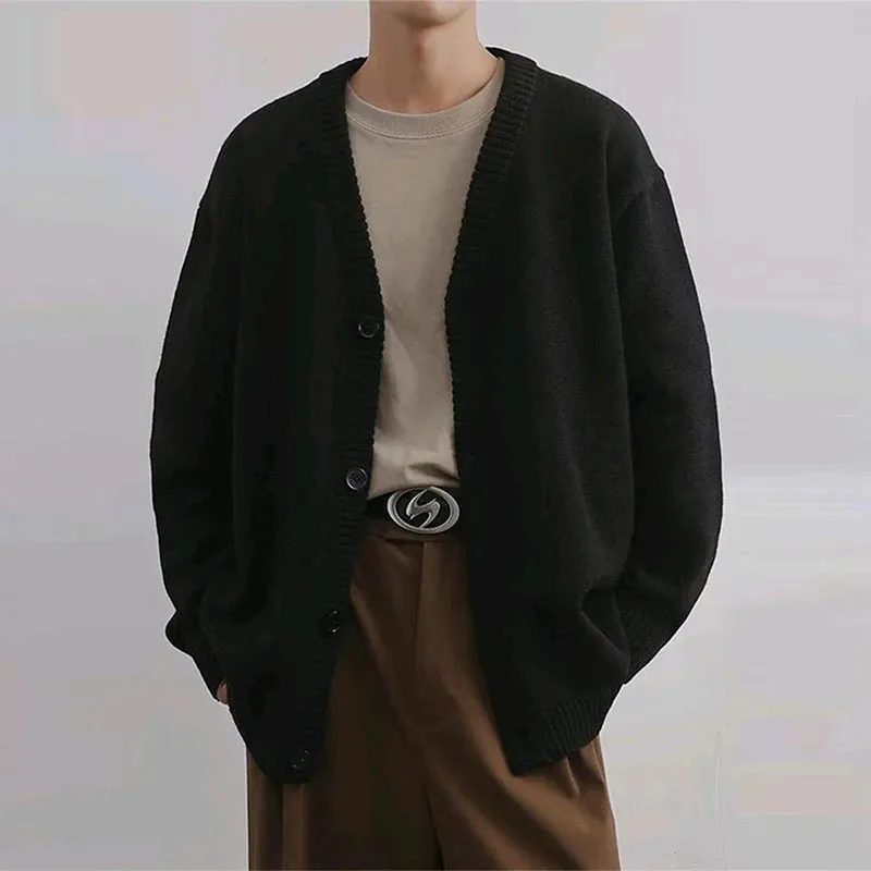 Wiaofellas  -  Men's Korean Review Clothes Luxury Retro Knit V Neck Cardigan Long Sleeve Streetwear Stylish Sweater Leisure Fashion Knitwear