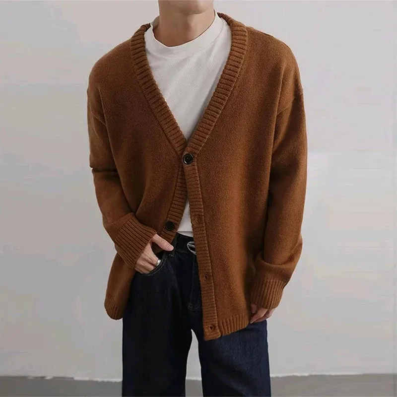 Wiaofellas  -  Men's Korean Review Clothes Luxury Retro Knit V Neck Cardigan Long Sleeve Streetwear Stylish Sweater Leisure Fashion Knitwear