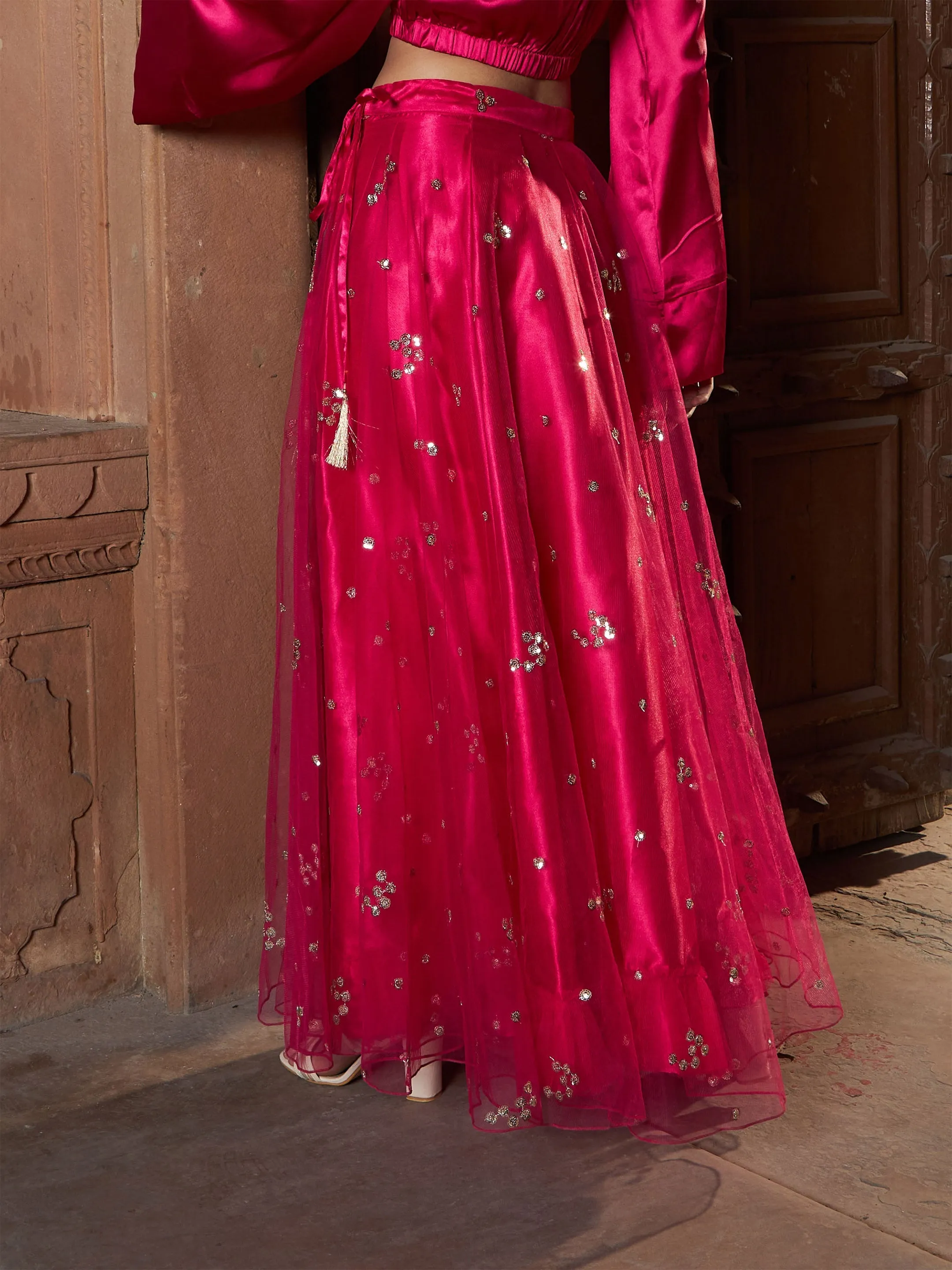 Women Fuchsia Tulle Sequin Bias Flare Anarkali Skirt