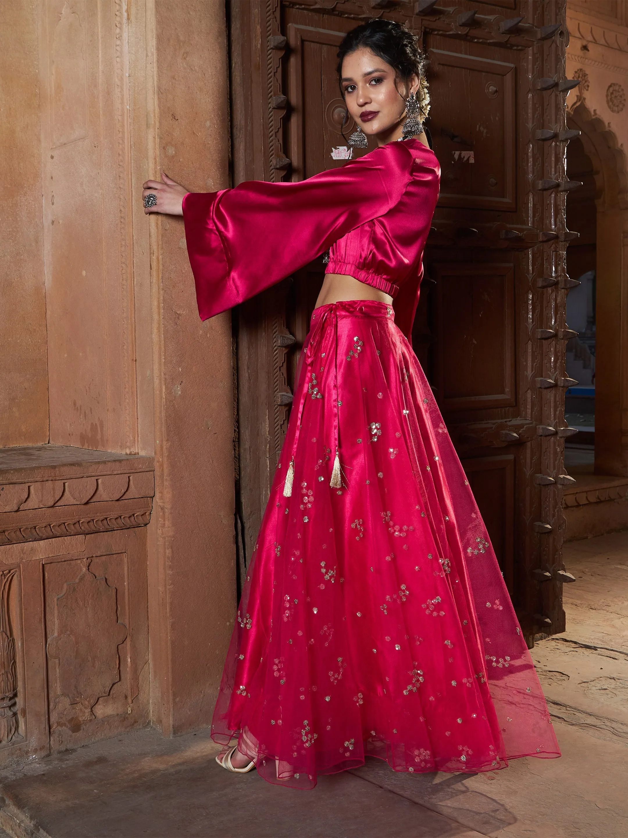 Women Fuchsia Tulle Sequin Bias Flare Anarkali Skirt