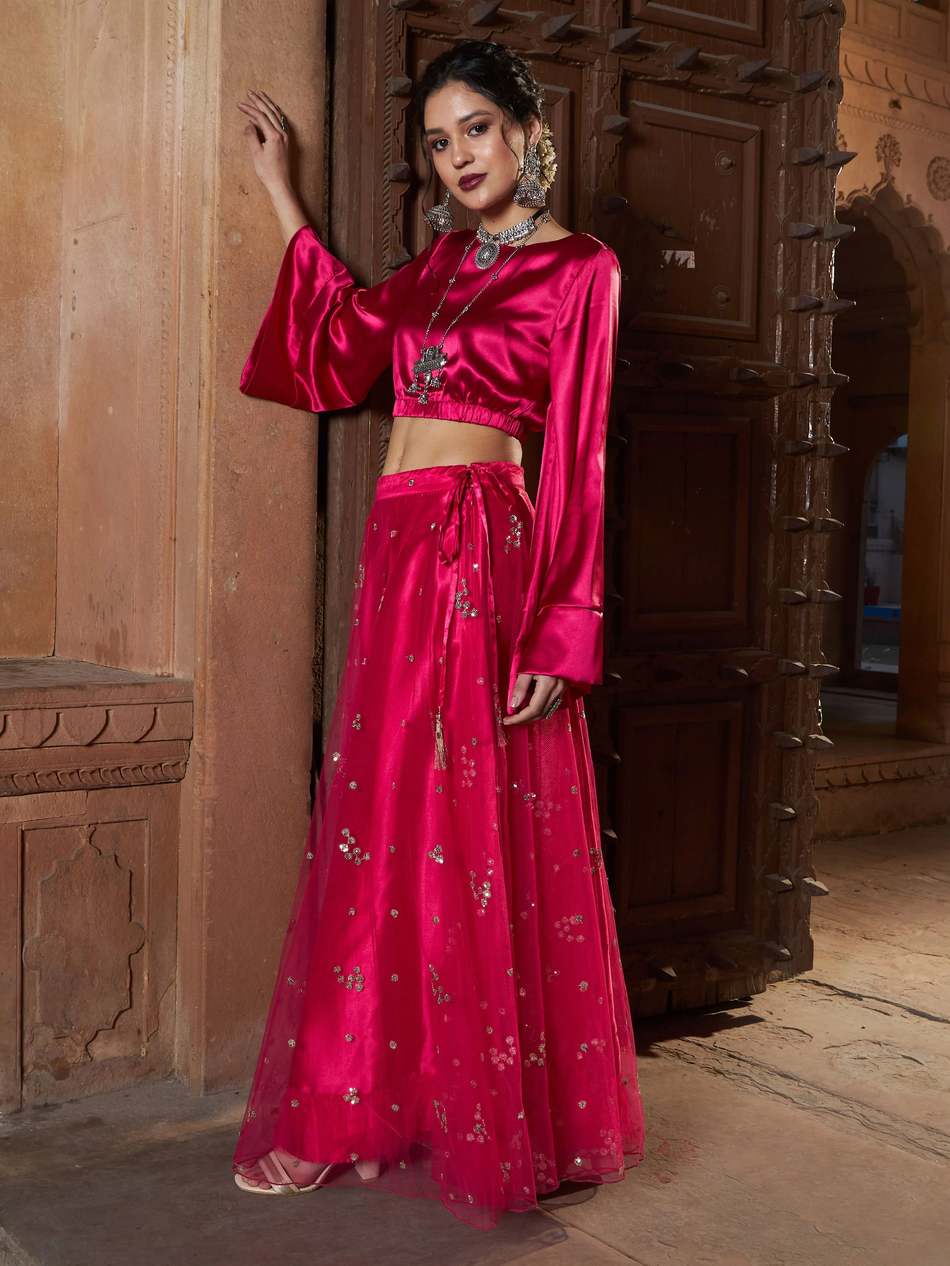 Women Fuchsia Tulle Sequin Bias Flare Anarkali Skirt