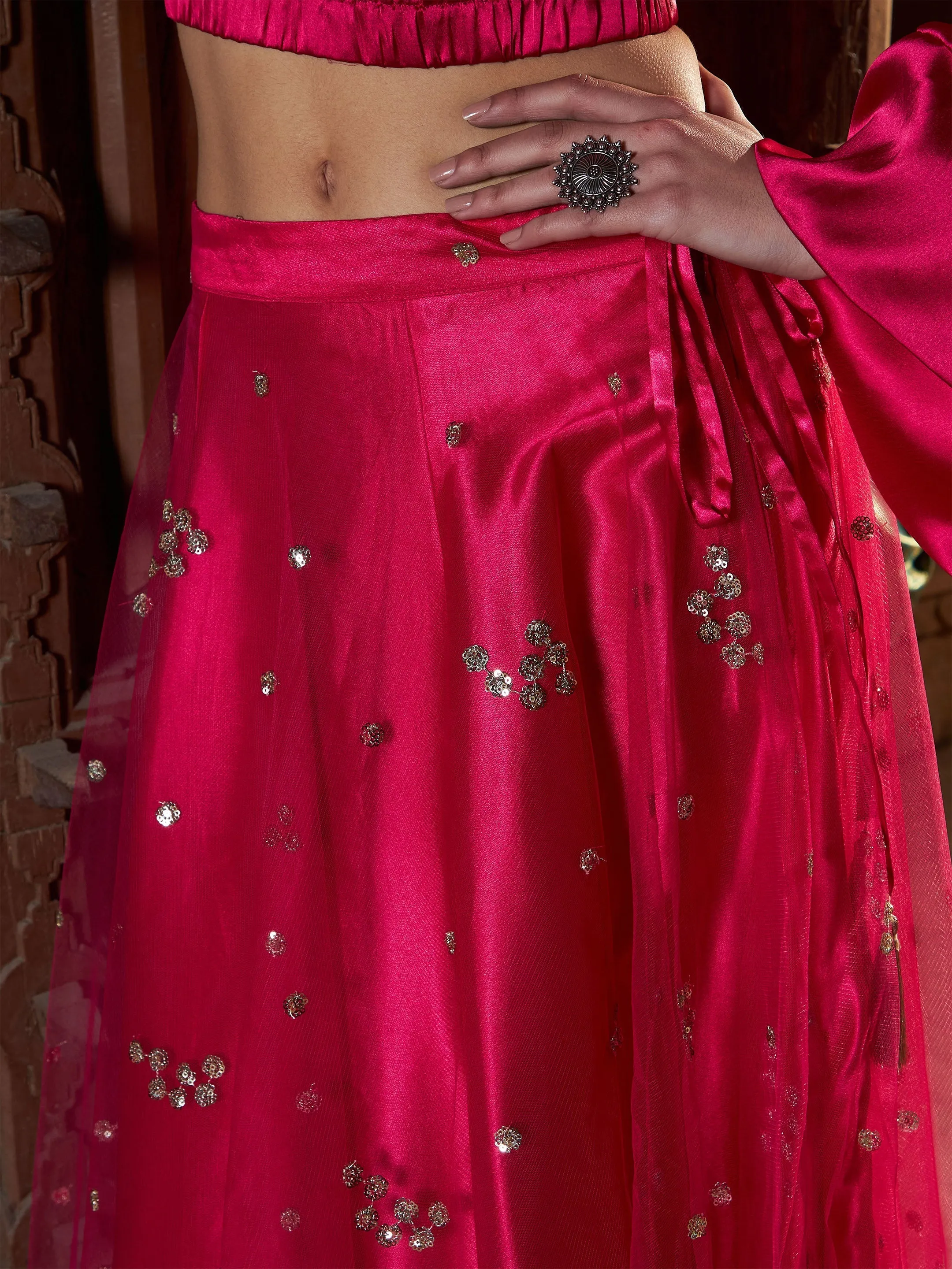 Women Fuchsia Tulle Sequin Bias Flare Anarkali Skirt