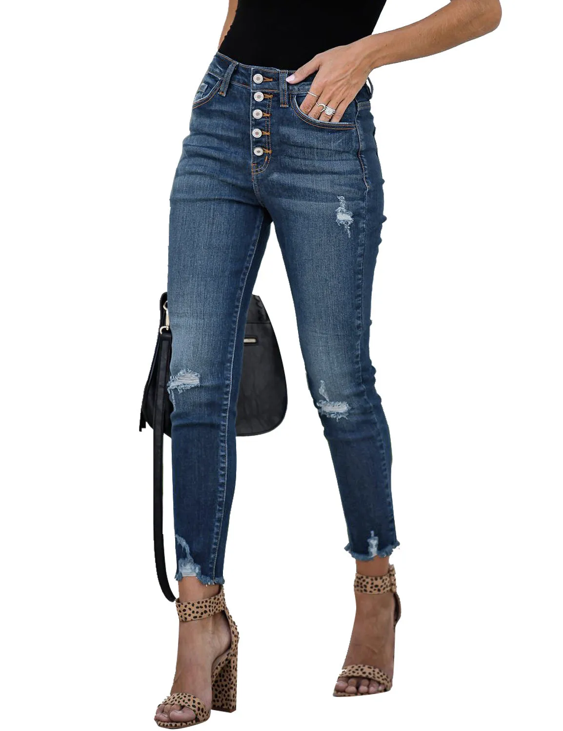 Women's Blue High-Waist Button-Up Raw Hem Ripped Cropped Jeans