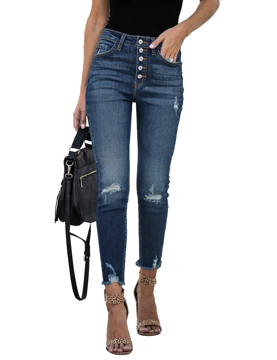 Women's Blue High-Waist Button-Up Raw Hem Ripped Cropped Jeans