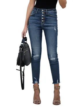 Women's Blue High-Waist Button-Up Raw Hem Ripped Cropped Jeans