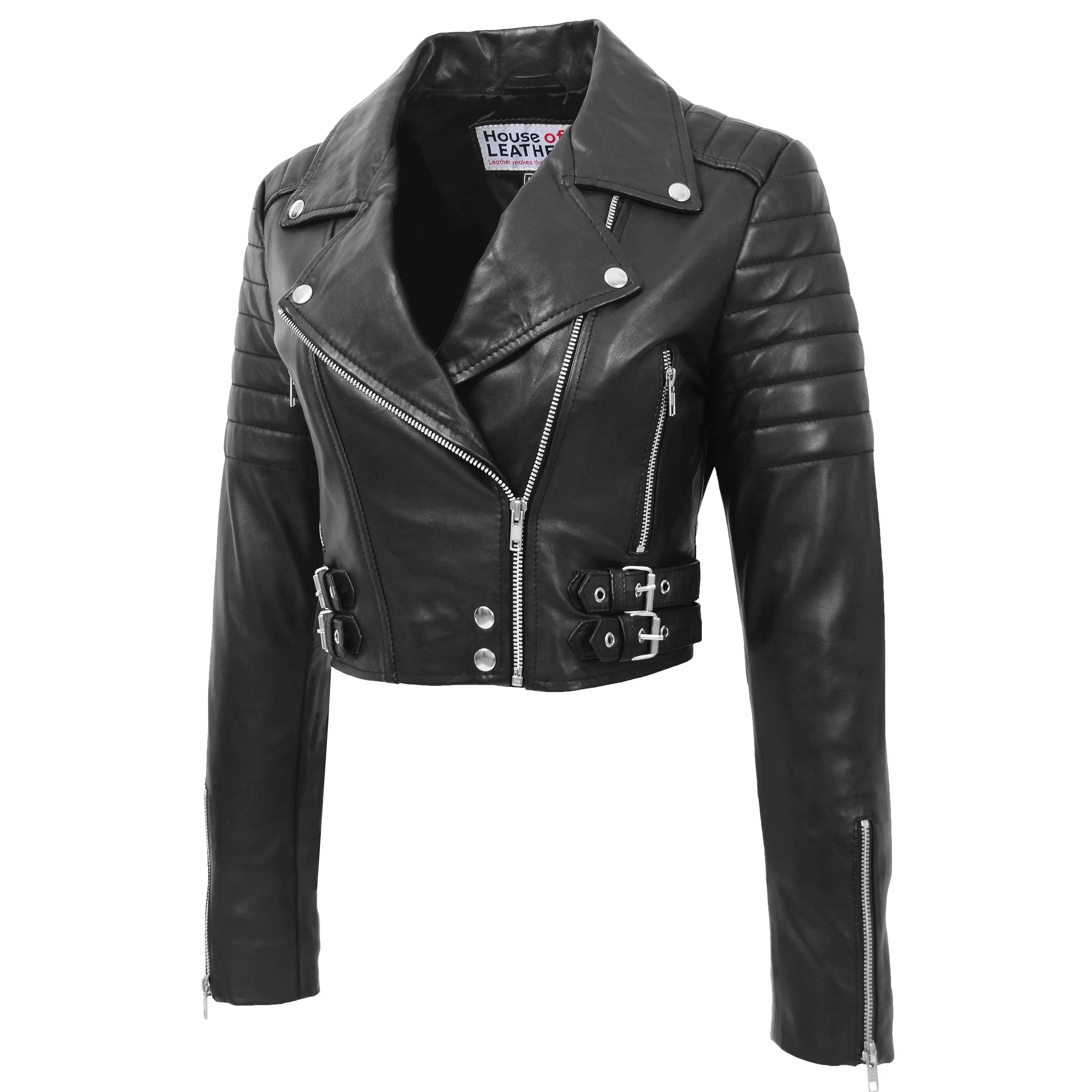 Womens Leather Cropped Biker Style Jacket Demi Black