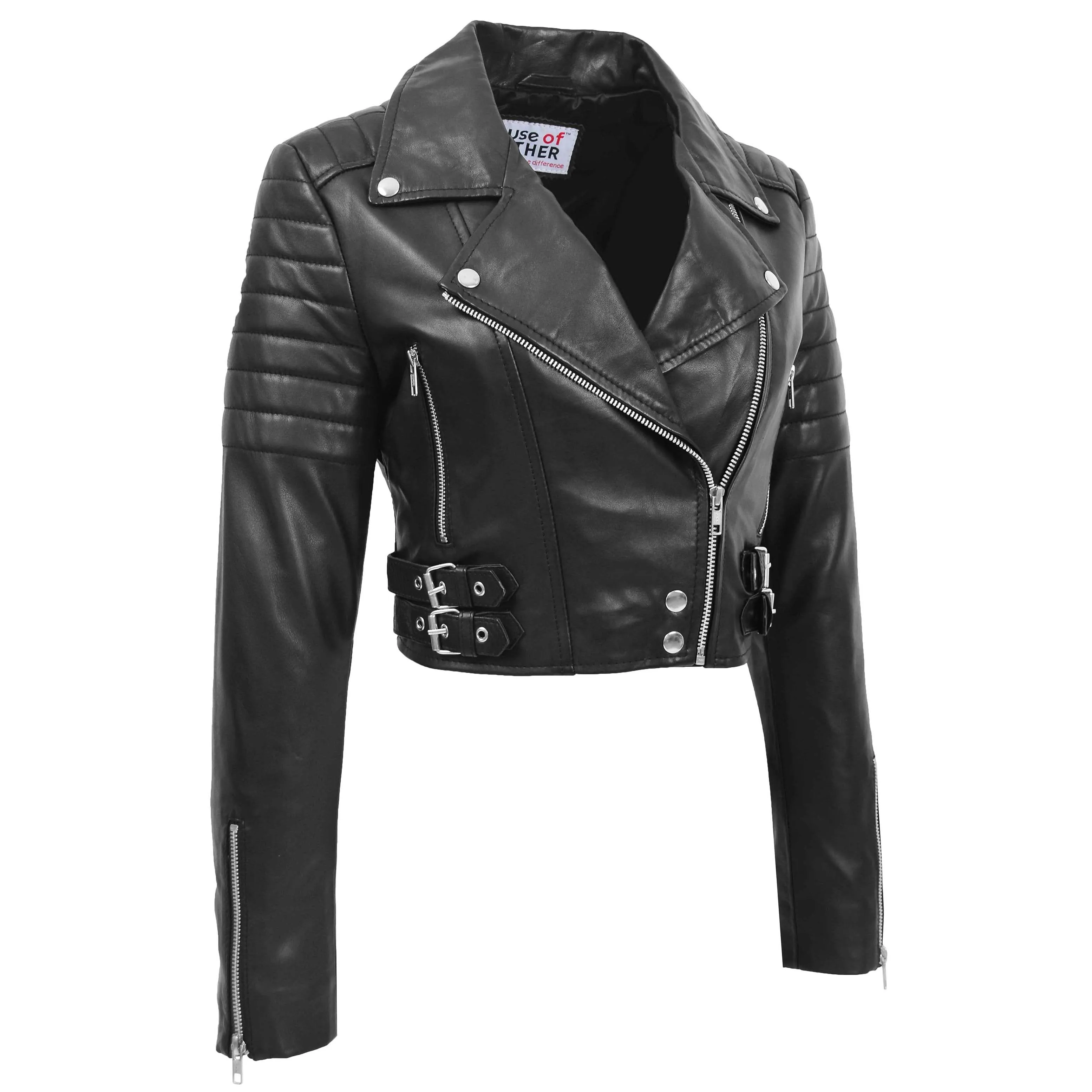 Womens Leather Cropped Biker Style Jacket Demi Black