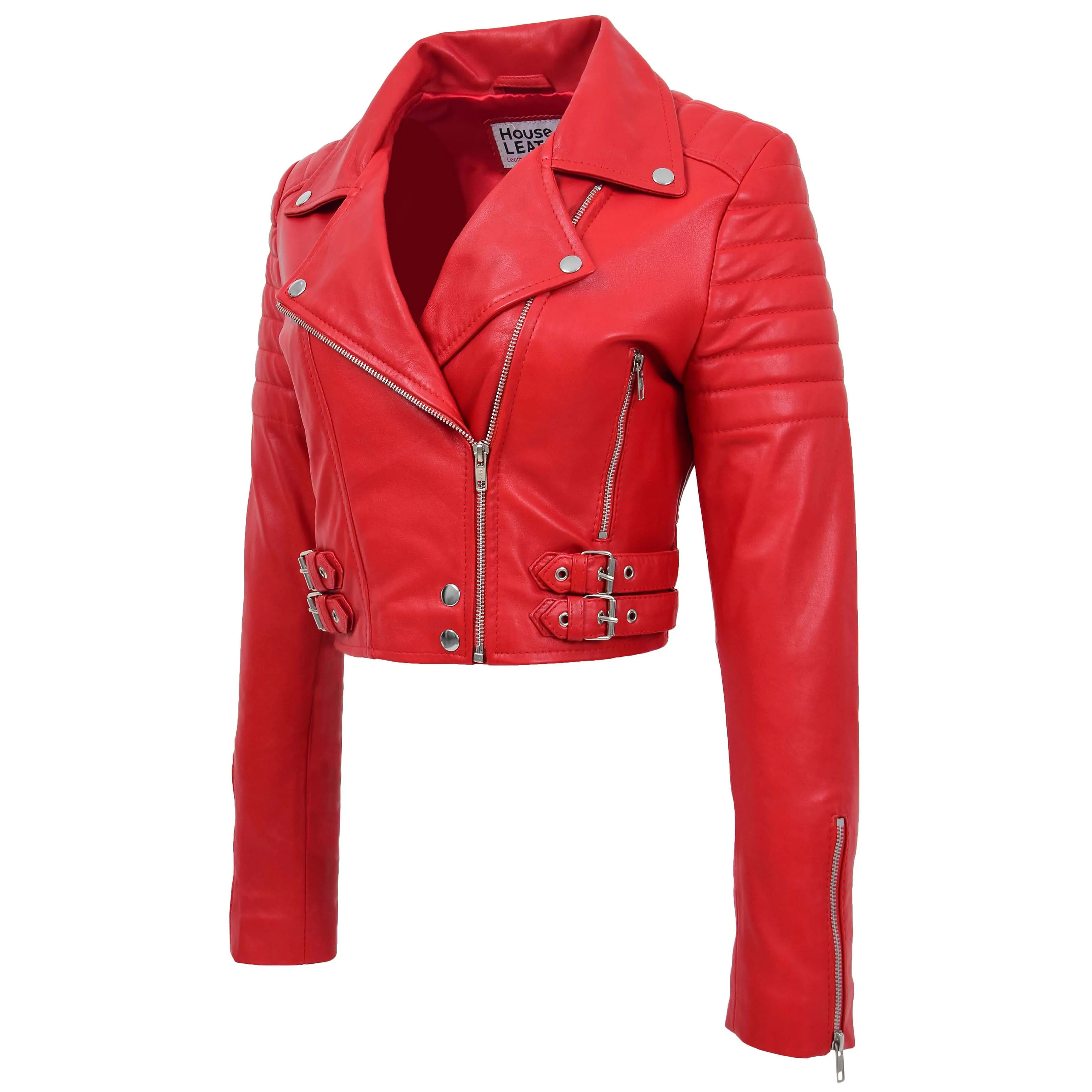 Womens Leather Cropped Biker Style Jacket Demi Red