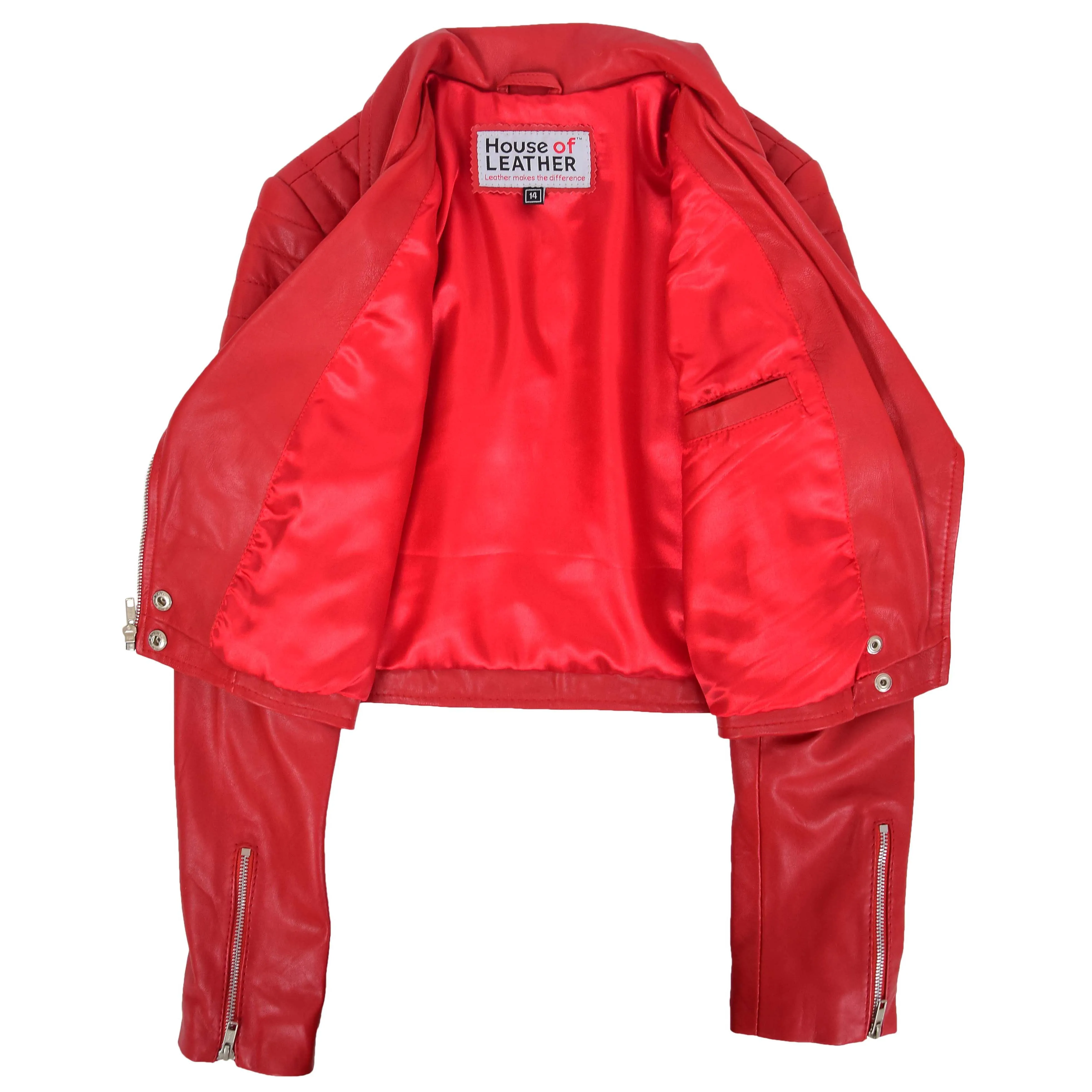 Womens Leather Cropped Biker Style Jacket Demi Red