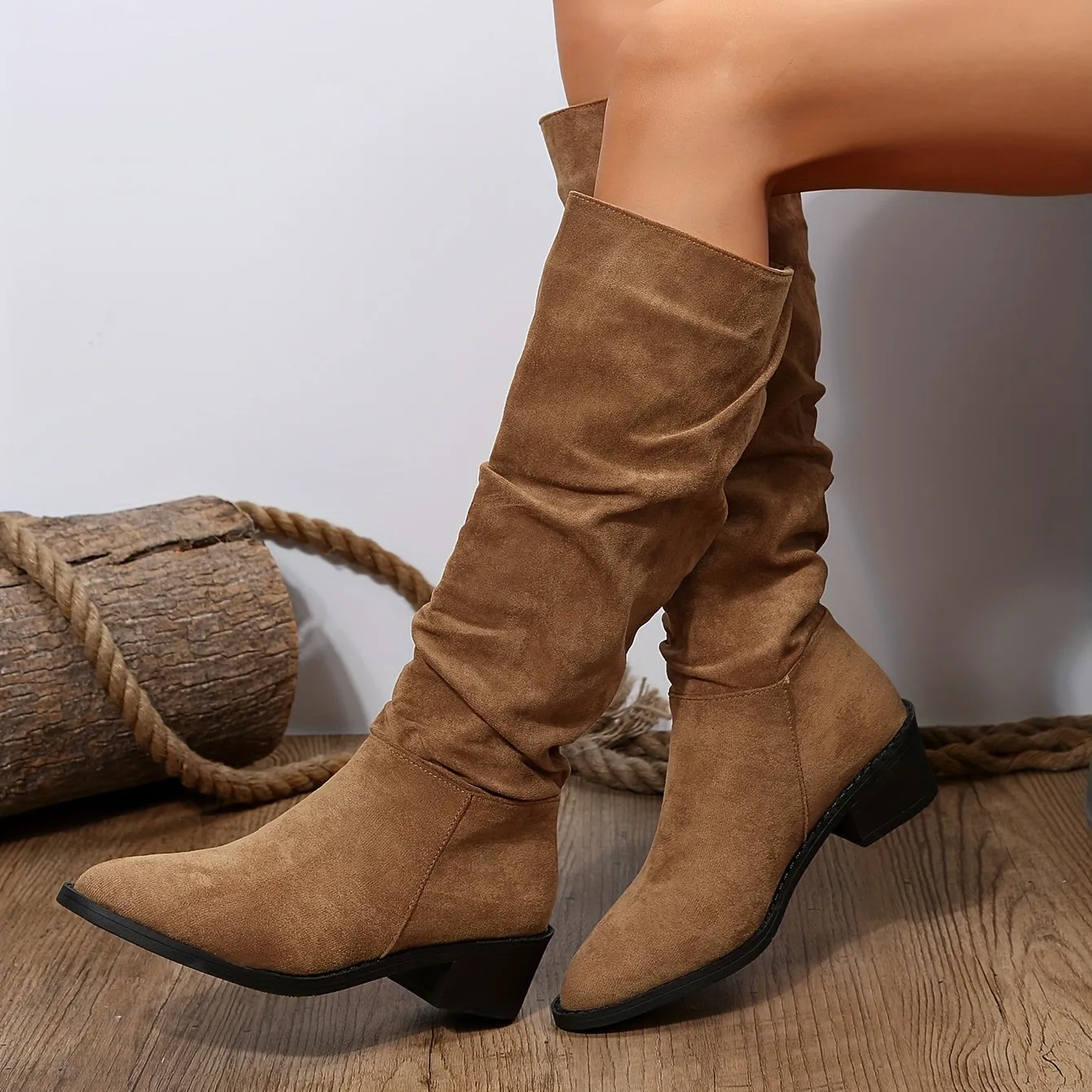 Women's Solid Color Chunky Heel Boots, Fashion Slip On Dress Boots, Women's Comfortable Boots