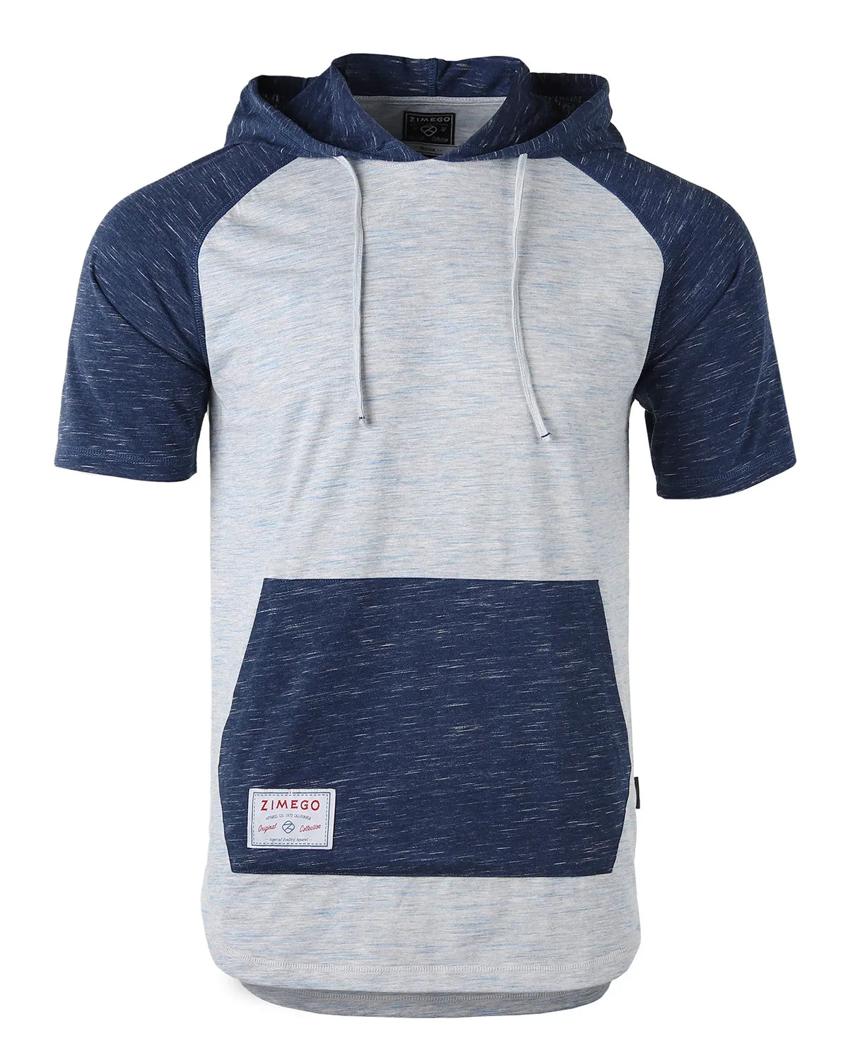 ZIMEGO Men's Short Sleeve Color Block Raglan Hoodie With Curved Hem - NAVY HEATHER