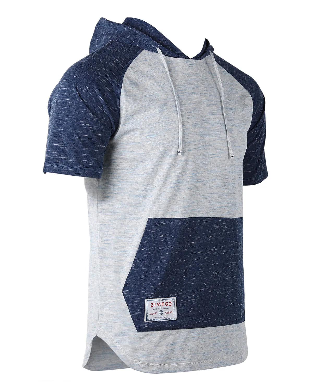 ZIMEGO Men's Short Sleeve Color Block Raglan Hoodie With Curved Hem - NAVY HEATHER