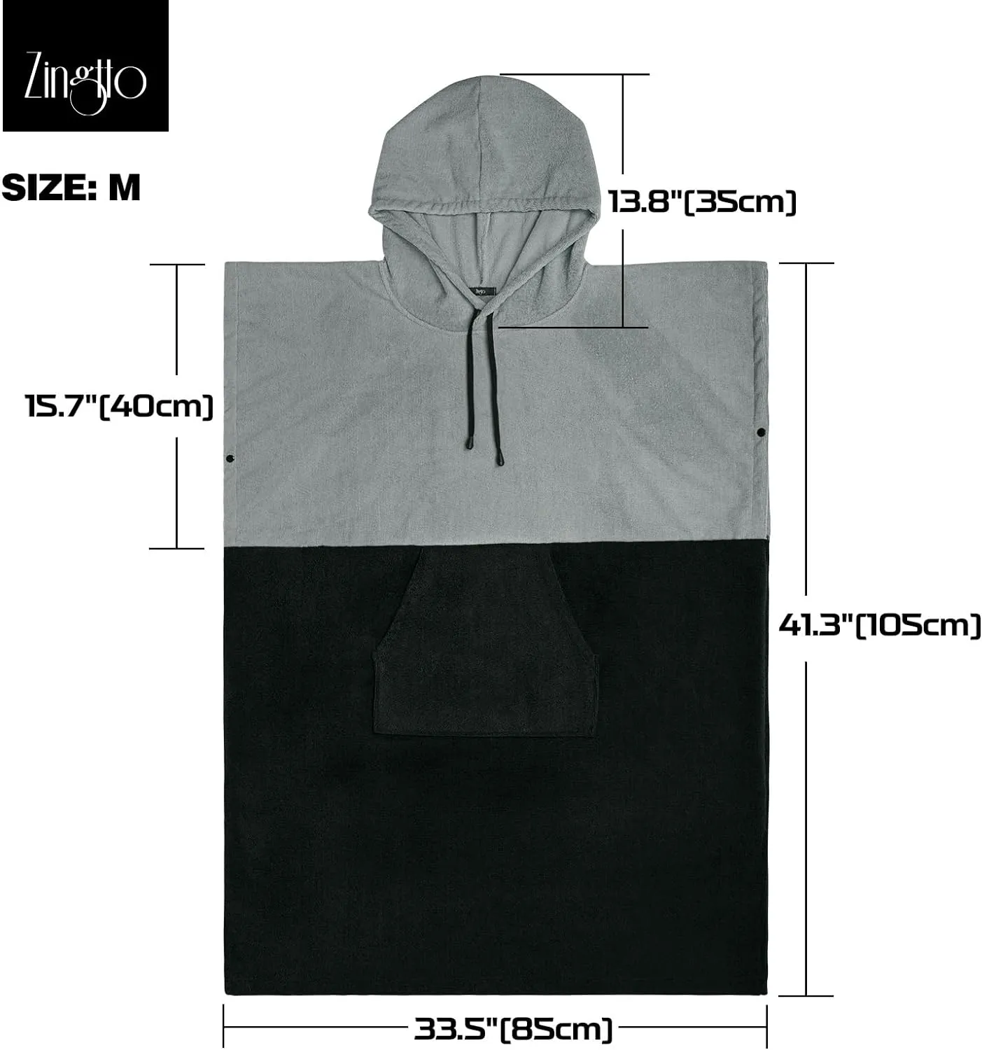 Zingtto Surf Poncho Changing Robe Extra Large Thick Towel Poncho for Men Women with Hood Pocket for Beach Swimming, 47‘’x37‘’, Black Gray